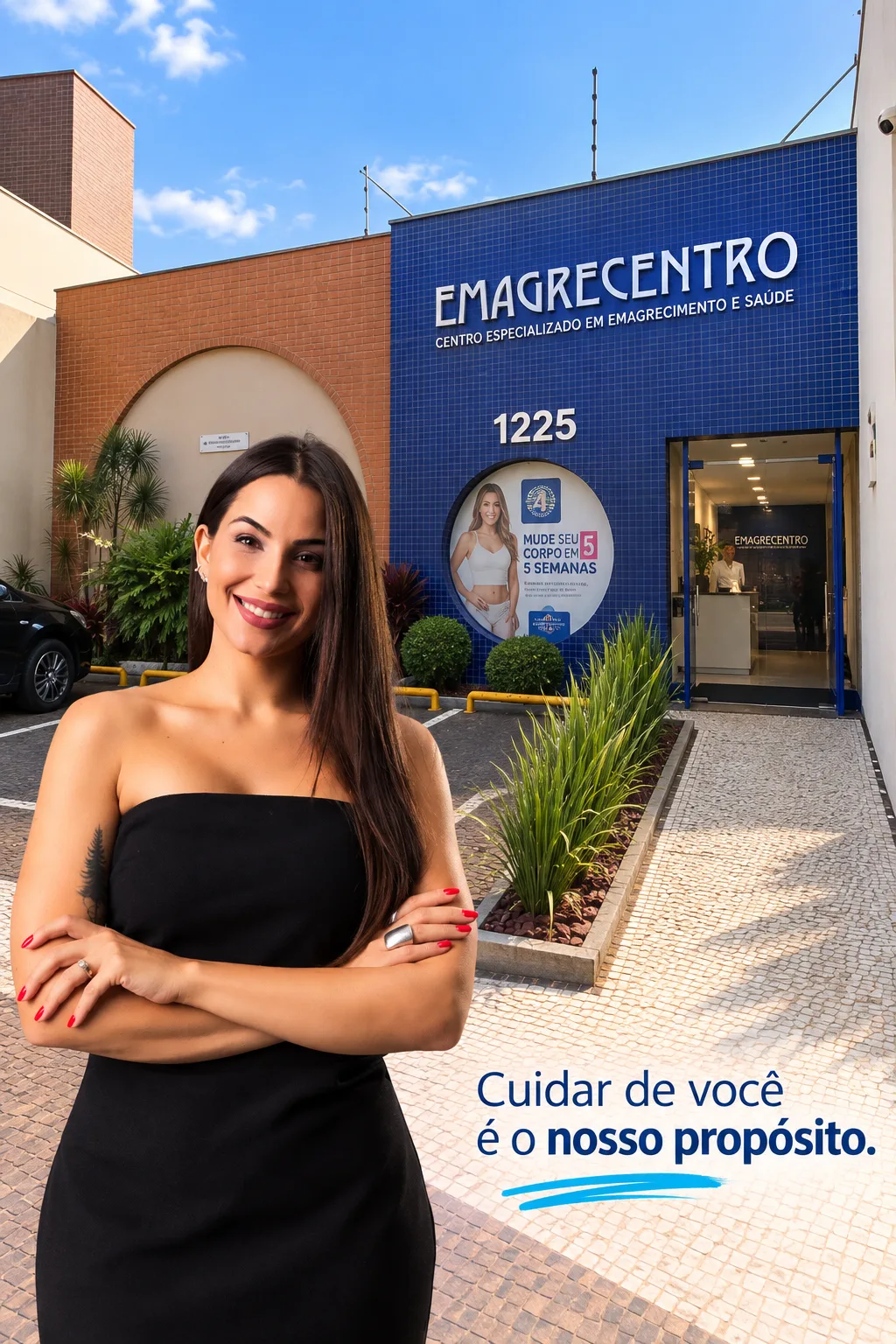 Rayssa à frente da fachada da unidade Emagrecentro Piracicaba